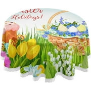 SKYSONIC Easter Round Tablecloth 60In,Easter Beautiful Flowers Round Table Cloth Water Resistant Spill Proof Large Table Cover for Family Gathering Dinner, Hotel, BBQ