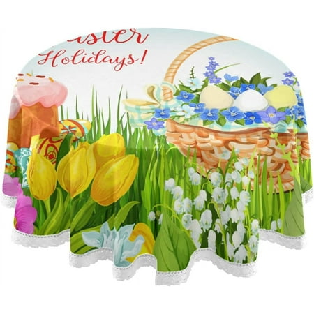 SKYSONIC Easter Round Tablecloth 60In,Easter Beautiful Flowers Round Table Cloth Water Resistant Spill Proof Large Table Cover for Family Gathering Dinner, Hotel, BBQ