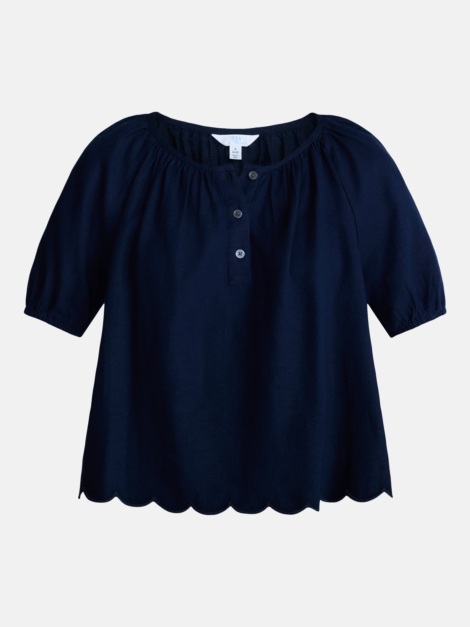 Time and Tru Women's Linen Blend Blouse with Scalloped Hem, Sizes XS-XXXL