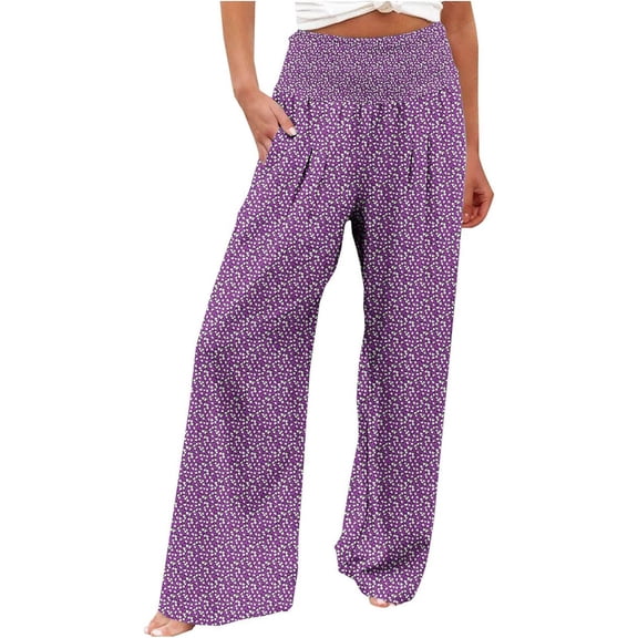 KHONTS Women's Casual High Waisted Palazzo Pants Wide Leg Trendy Trousers Floral Printed Boho Beach Vacation Pants with Pockets Purple XL