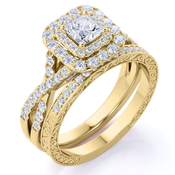 JeenMata Anillo de Bodas con Diamantes Cuadrados, Doble Halo, Banda Retorcida, Inspiración Vintage, Pavé, Engastado en Oro Amarillo de 10 K