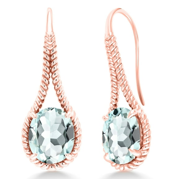 Gem Stone King 18K Rose Gold Plated Silver Sky Blue Simulated Aquamarine Drop Dangle Earrings for Women | 8.00 Cttw | Gemstone March Birthstone | Oval 12X10MM | 1.18 inch