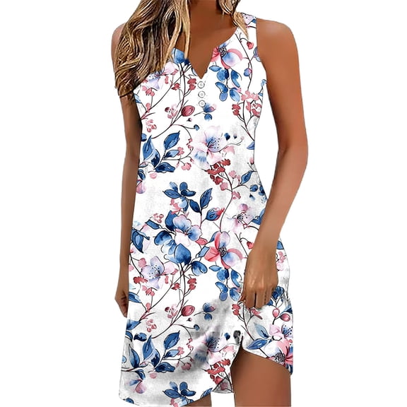 Alkepwun Beach Dresses for Women Casual Vintage Floral Print Button Down V Neck Sleeveless Boho Mini Dress Summer Loose Breathable A Line Vacation Tank Sundress