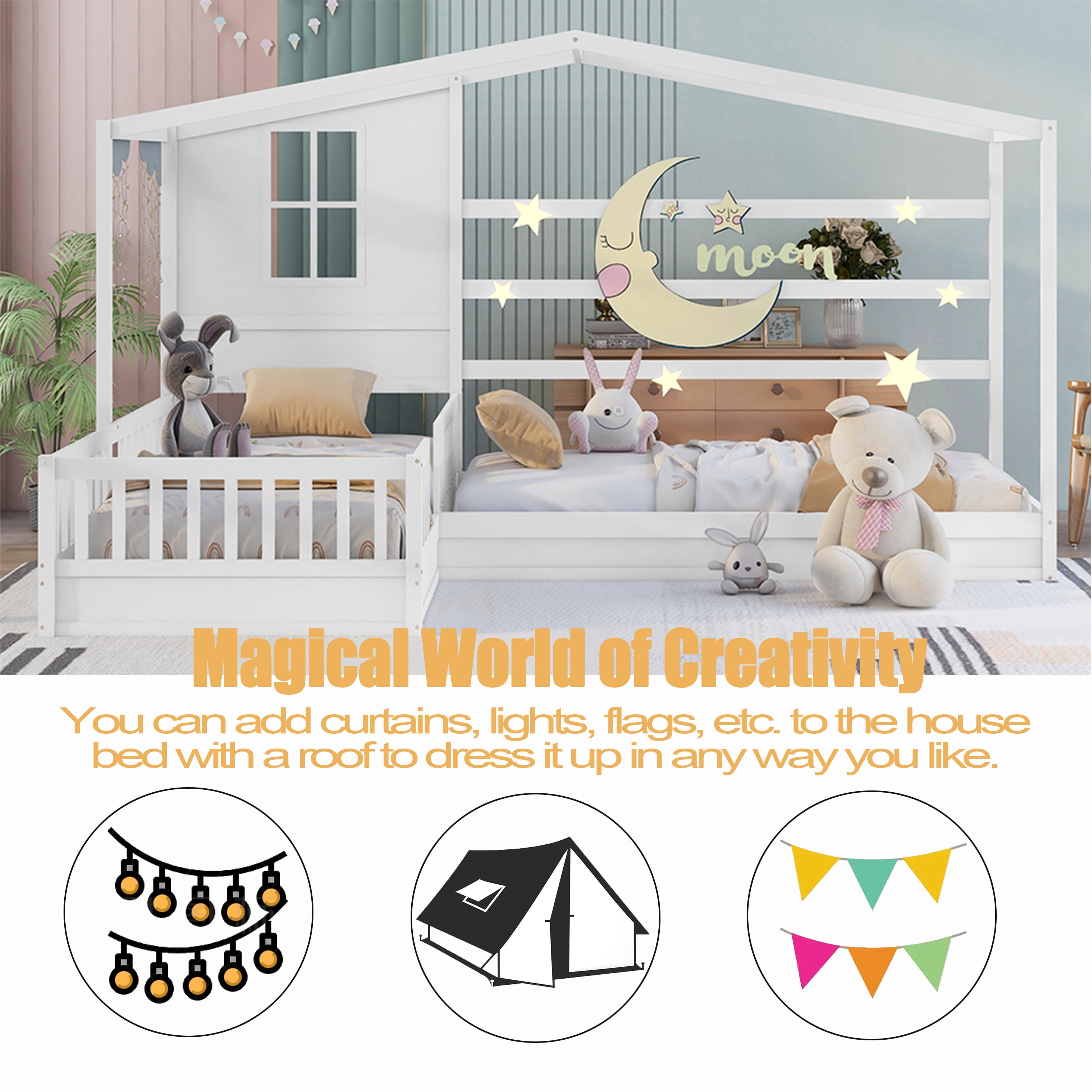 Bellemave House Beds for 2 , Wood L-Shape Twin Bed Frame with Roof and Fence Railings, Double Twin Size Montessori Bed Frame No Box Spring Needed (White)