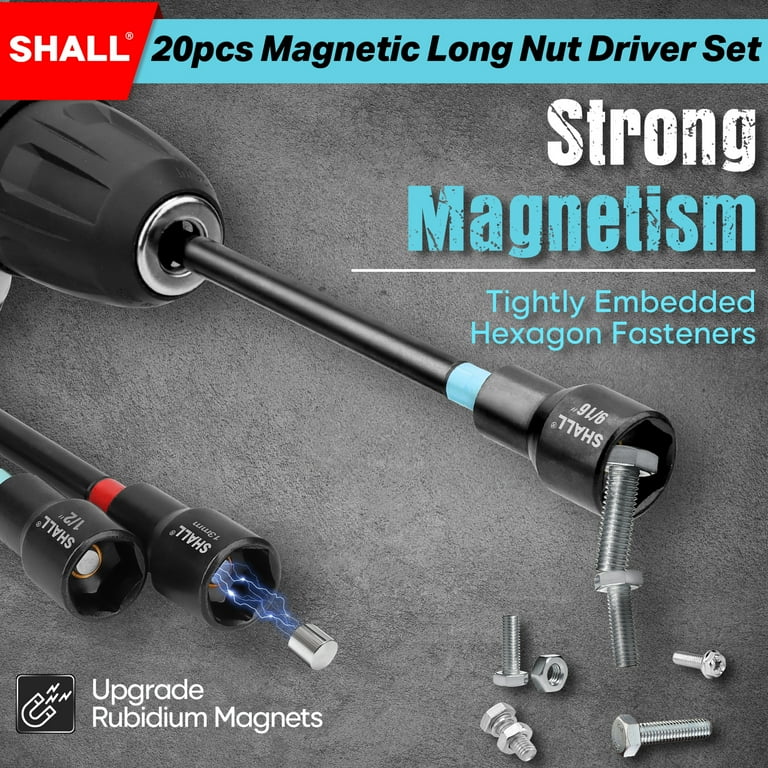 SHALL 20PCS Magnetic Nut Driver Set 6 Long Nut Drivers for Impact Drill SAE Metric 1 4 Hex Shank Nut Driver Bit Impact Drill Driver Bit