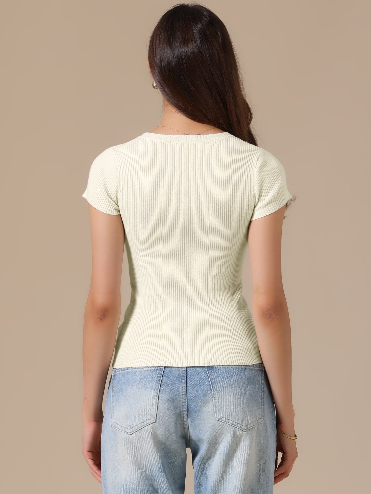 DARING DIVA Women's Short Sleeve Tops Summer Crewneck T-Shirt Ribbed Knit M White