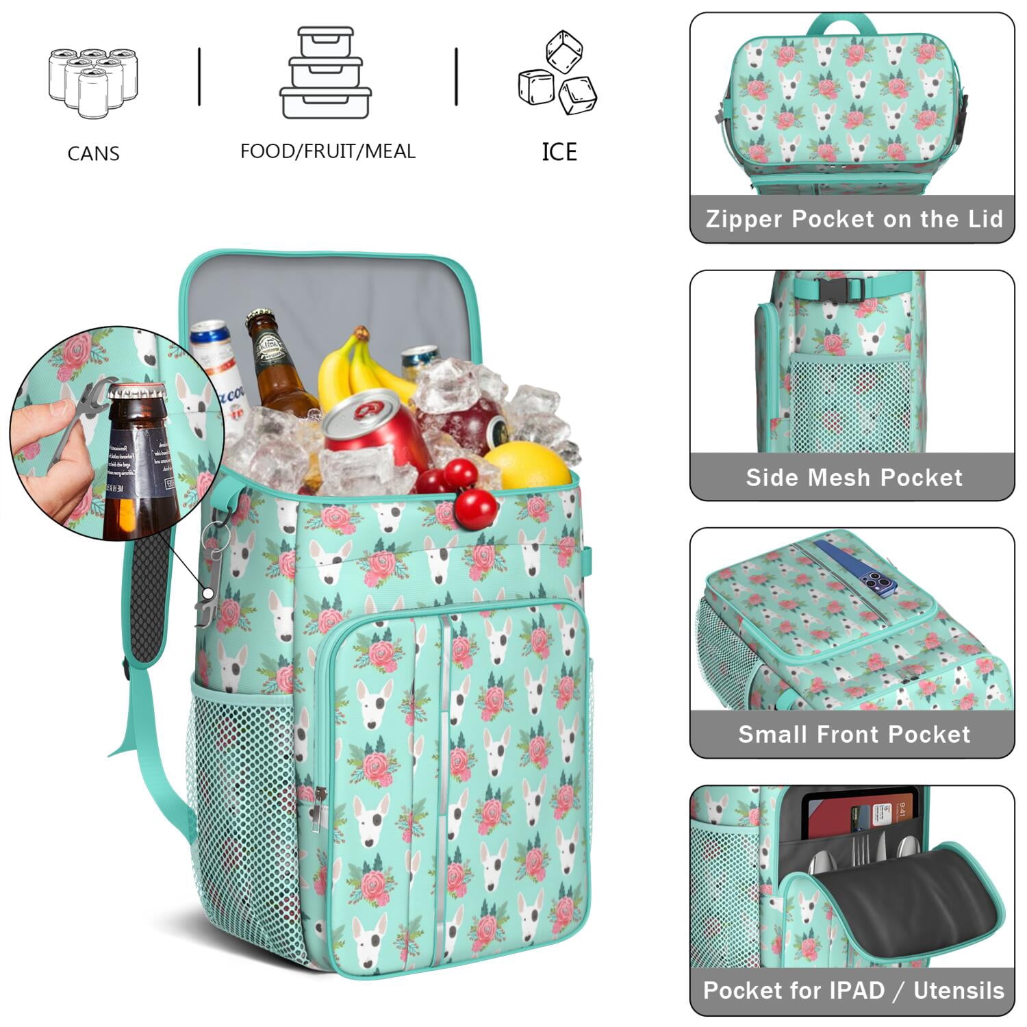 Travel Cooler Bag - Bull Terrier Dog and Flower Florals Camping Beer Cooler Backpack with Bottle Opener- Waterproof Insulated Picnic Backpacks - Cooler Bag for Beach