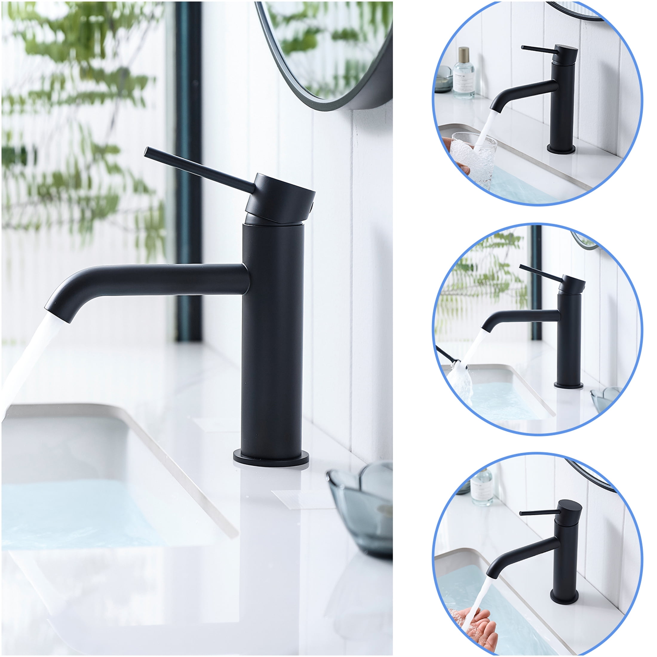 JERFIT Modern Single Hole Bathroom Faucet, Waterfall Black Vessel Sink Faucet with Single Lever Handle, Brushed Nickel Finish for Vanity Basin