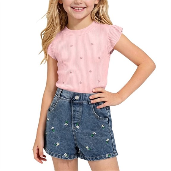 Cethrio Girls Summer Outfit Sets Size 5T, Short Sleeve Party School 2 Piece Kids Clothing Sets Pink Size 5T