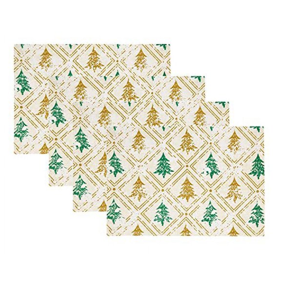 Fennco Styles Christmas Trees Cotton Placemats 14" W x 20" L, Set of 4 - Gold & Green Winter Tree Table Mats for Home, Dining Room, Holiday Décor, Banquets and Special Events