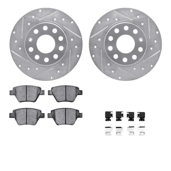 Dynamic Friction Company Rear Brake Rotors-Drilled and Slotted-Silver with 5000 Euro Ceramic Brake Pads includes Hardware 7612-74039