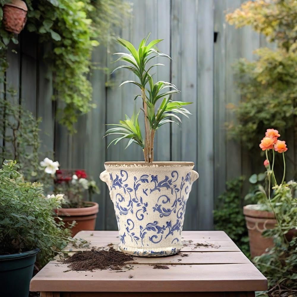 Vintage Planter Flower Pot Rustic Container with Handle Ceramic Ice Crack Plant Pot with Drainge Hole Decorative Planter for Indoor and Outdoor Tuscan Decor Vase Gardening Gift (Blue)