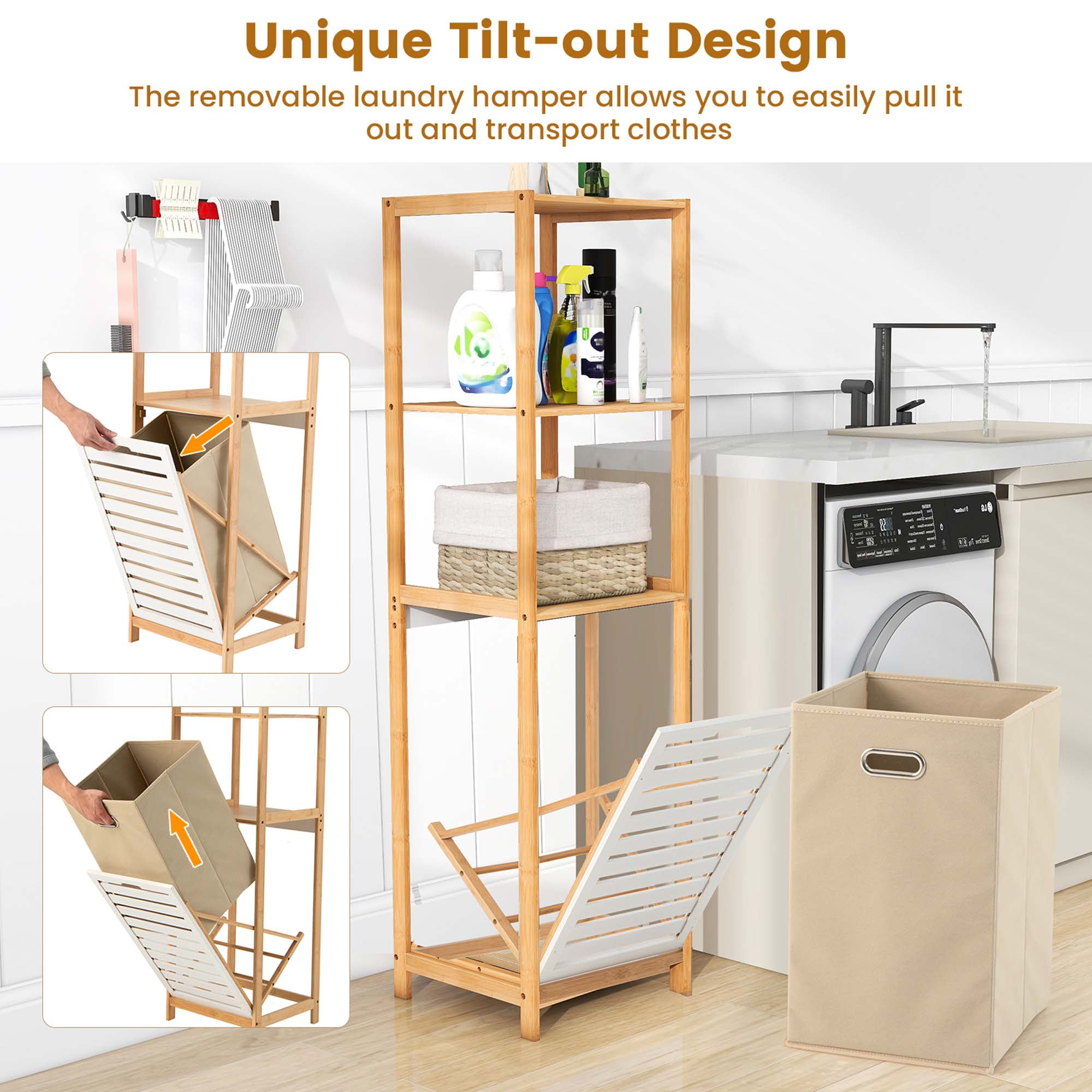Costway Tilt-Out Laundry Hamper with 3-Tier Shelf Removable Liner Lightweight Design