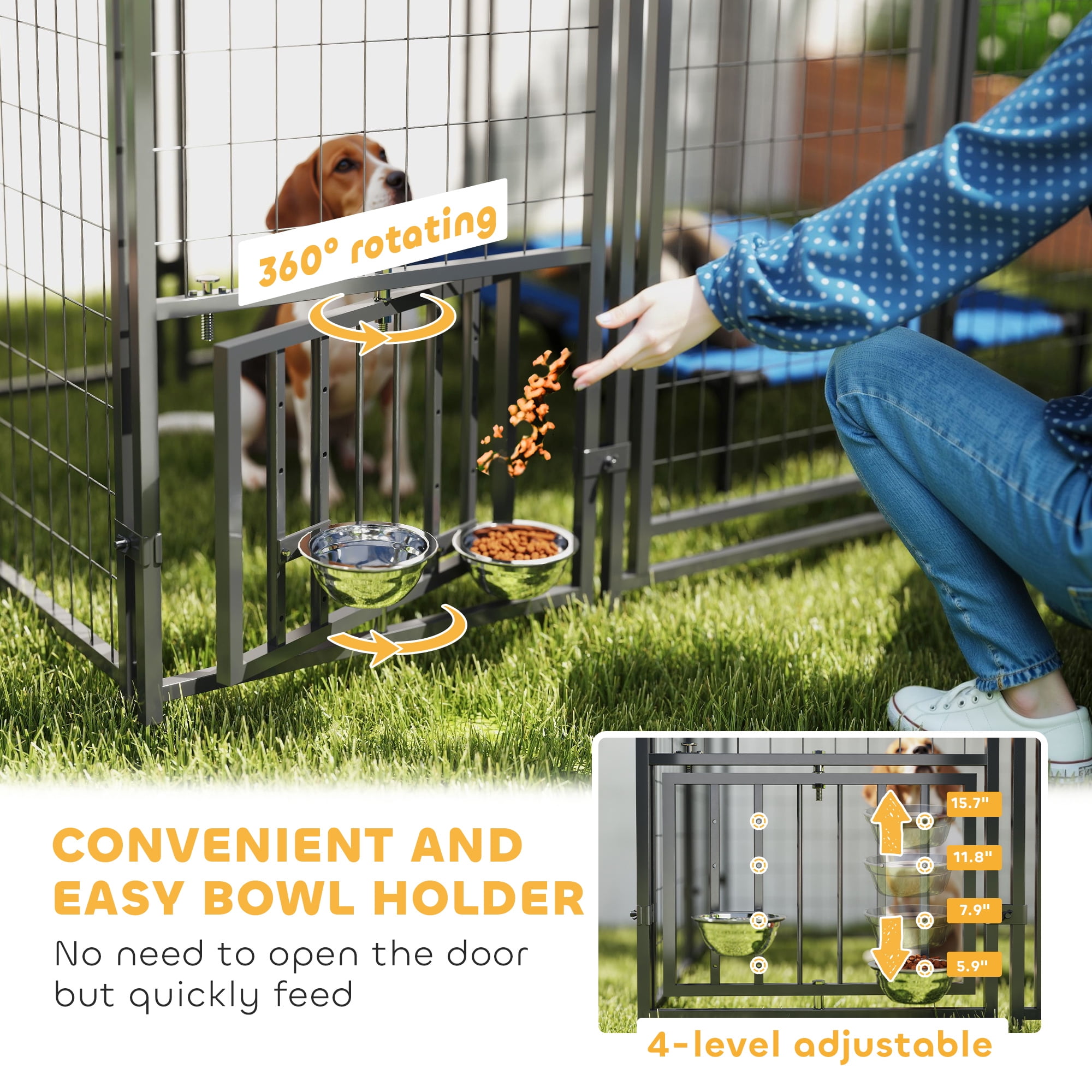 PawHut Outdoor Dog Kennel with Roof, 5.9' x 5.9' x 6' Heavy Duty Welded Wire Dog Playpen Fence with Rotating & 4-Level Adjustable Feeding Bowls