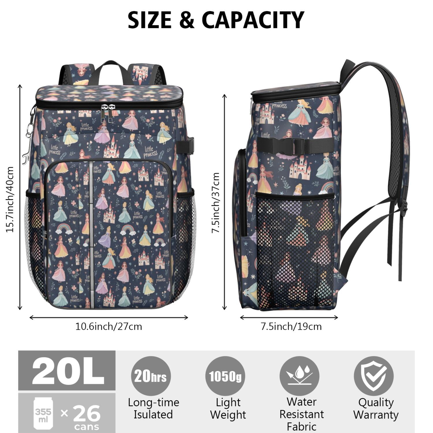 Travel Cooler Bag - Dark Blue Little Princess Pattern Camping Beer Cooler Backpack with Bottle Opener- Waterproof Insulated Picnic Backpacks - Cooler Bag for Beach