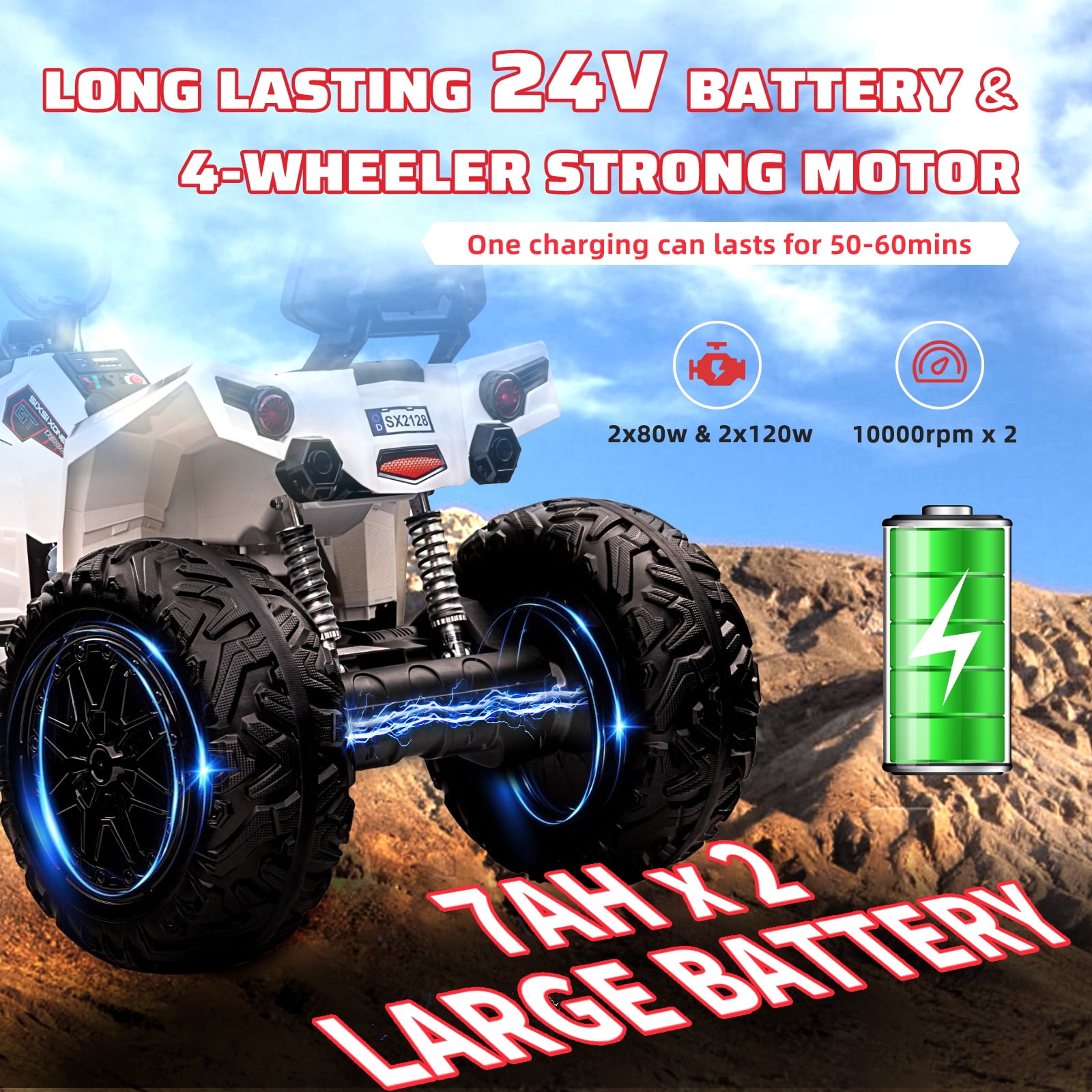 M optimized Kids Ride on ATV, 24V Ride on Car 4WD Electric Vehicle, 4x80W Powerful Engine, with Accelerator Handle, EVA Tire, Metal Suspension, LED Light, Music, for 3-8 Years Boys Girls