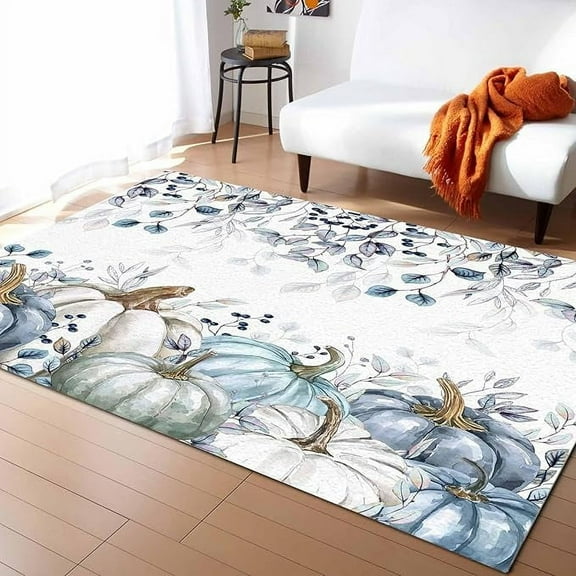 Fall Thanksgiving Area Rug Living Room Rug Washable Rug For Living Room Soft Large Autumn Pumpkin Blue Leaf Textured White Area Rug Non-Slip Floor Carpet For Bedroom Decor 3 x 4ft