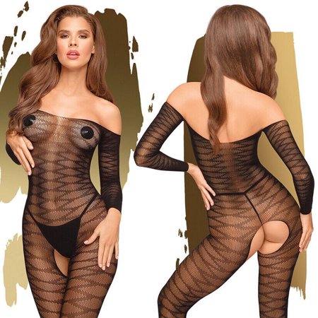 Penthouse Sexy Crotchless Bodystocking Lingerie w Open Shoulders, Sheer Babydoll Bodysuit, Nylon, XL