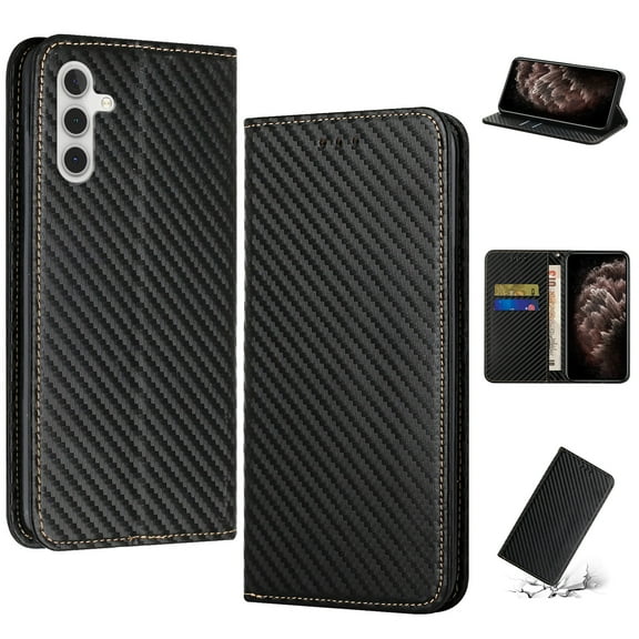 SaniMore for Samsung Galaxy A15 Wallet Case, Wrist Strap Magnetic Clasp, Card Slots Carbon Fibre Skin Shockproof TPU Anti-drop Anti-scractch Stand Business Full Body Protective Shell, Black