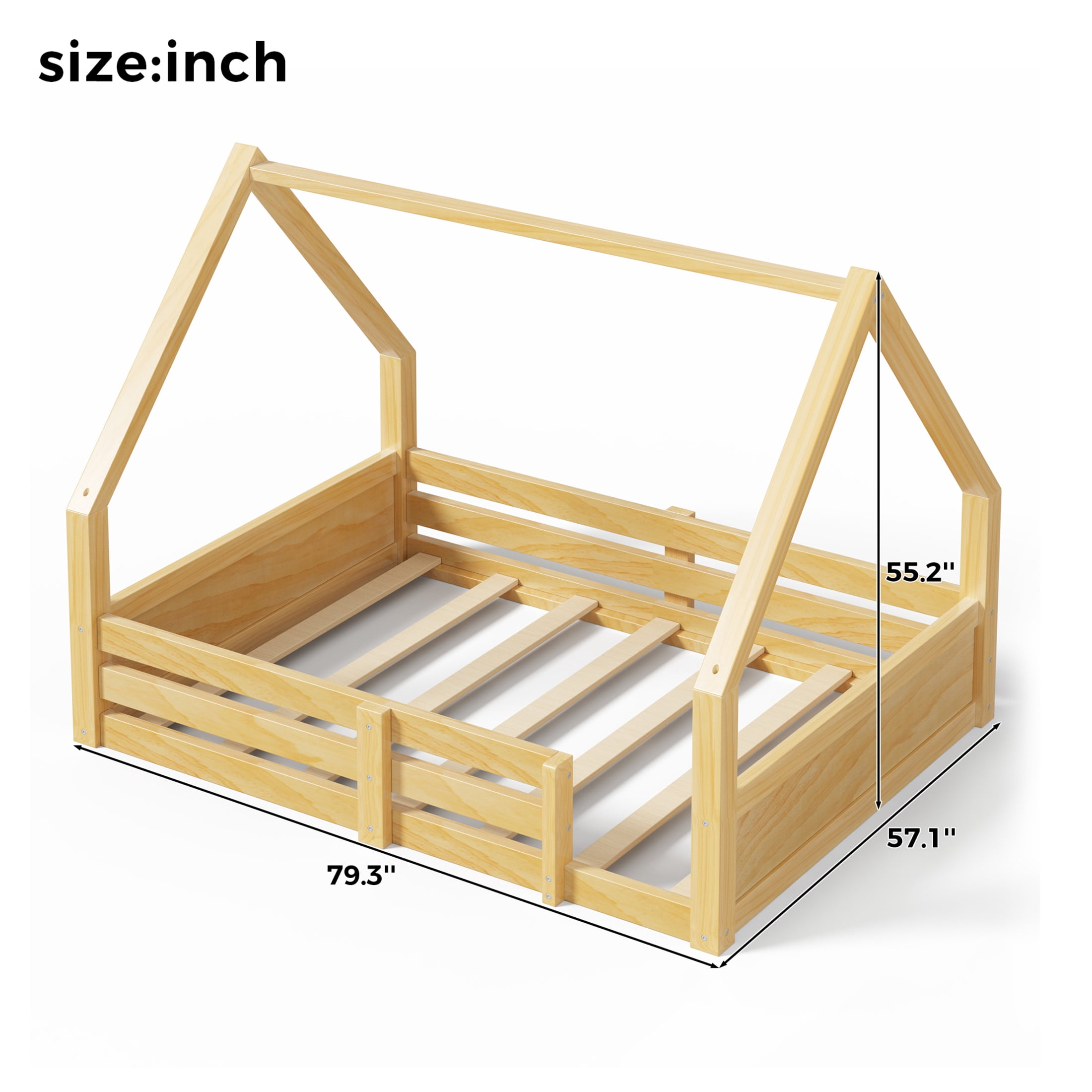 Noble House Salma Full Size House Floor Wooden Bed with Roof Frame & Grooved Panels, Safety Guardrails, Natural