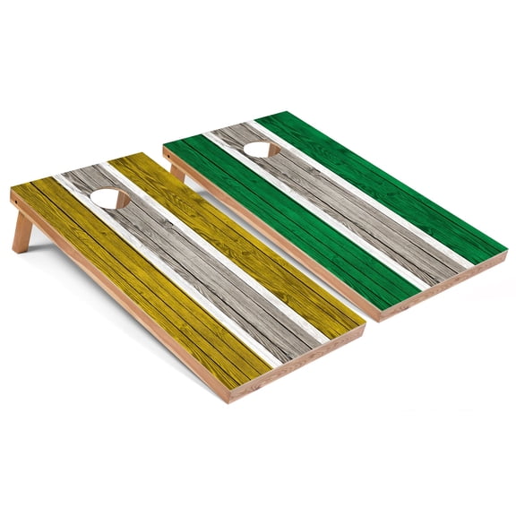Skip's Garage | Yellow and Kelly Striped Cornhole Boards | Includes (2) Boards, (8) Bags & Optional Accessories