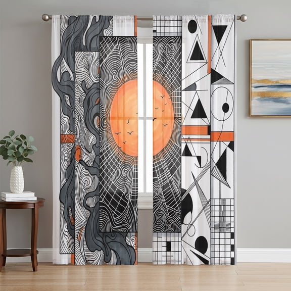 Orange Black Geometric Sheer Curtains 84 Inch Length 2 Panels Set, Aesthetics Contemporary Luxury Voile Window Treatment Rod Pocket Curtains Sheers Drapes for Bedroom/Living Room/Kitchen 52"x84"x2