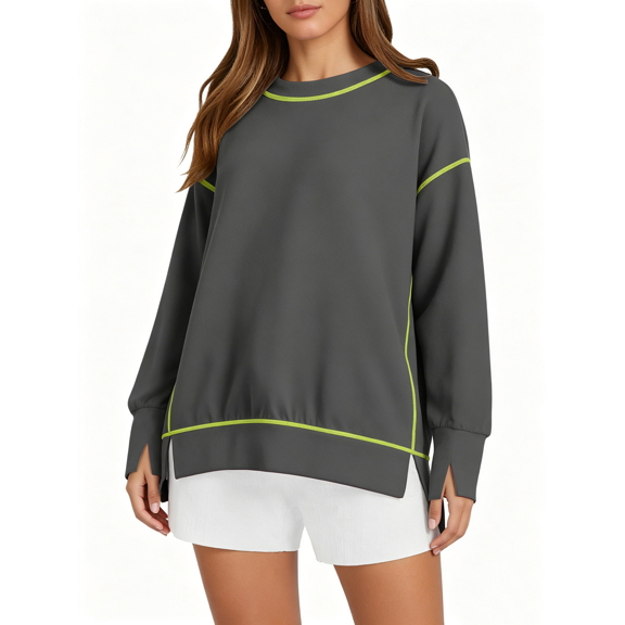 Zynoxe Sweatshirt for Women Trendy Contrast Stitching Long Sleeve Tops for Women Casual Crewneck Slit Hem Fall Sweatshirts for Daily Wear S