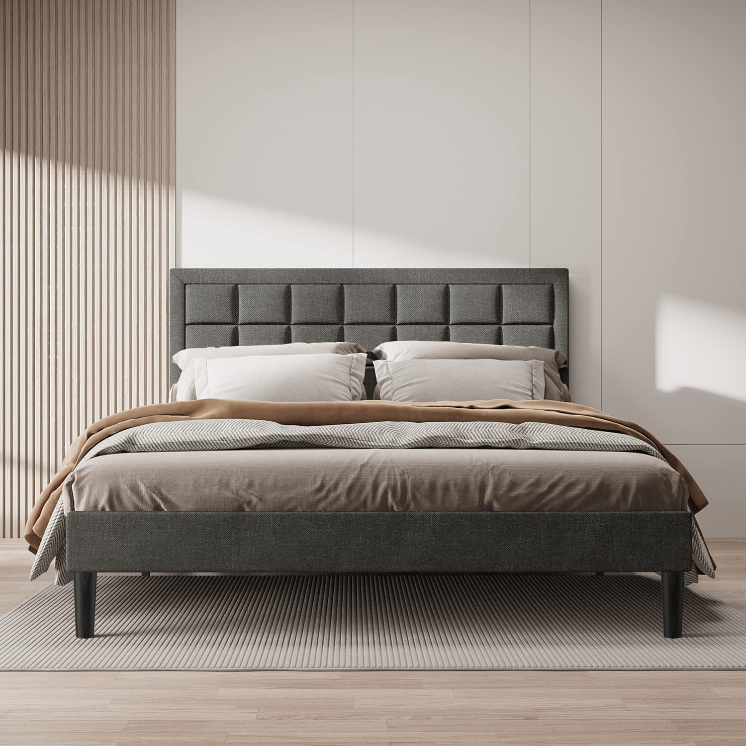 BONSOIR QUEEN Size Bed Frame Upholstered Modern Low Profile Platform with Tufted Headboard No Box Spring Needed Linen Fabric Charcoal Gray