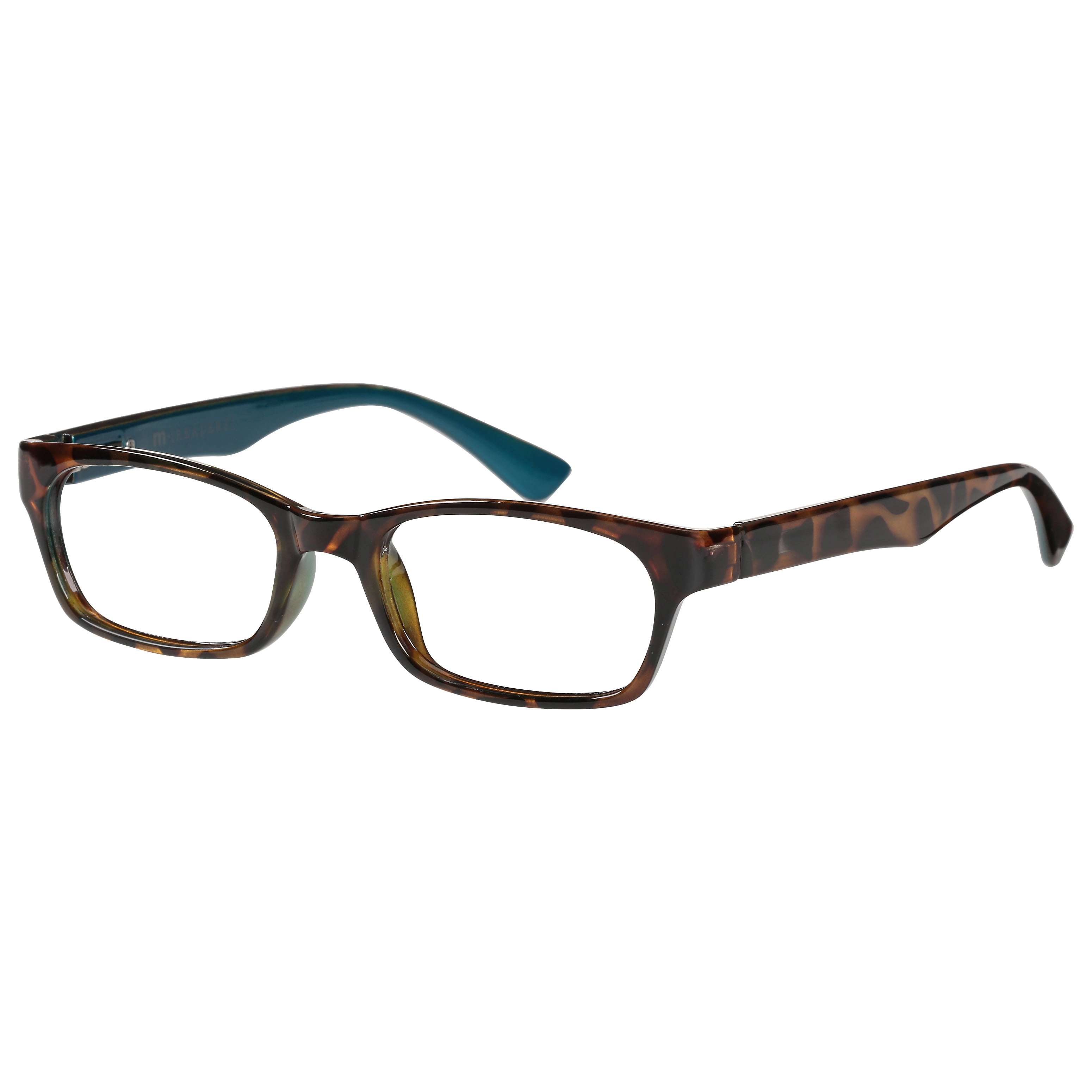 (2 pack) M+ Womens Rectangular Plastic Reading Glasses 1.25 Colleen in Tortoise with Teal Inner Color