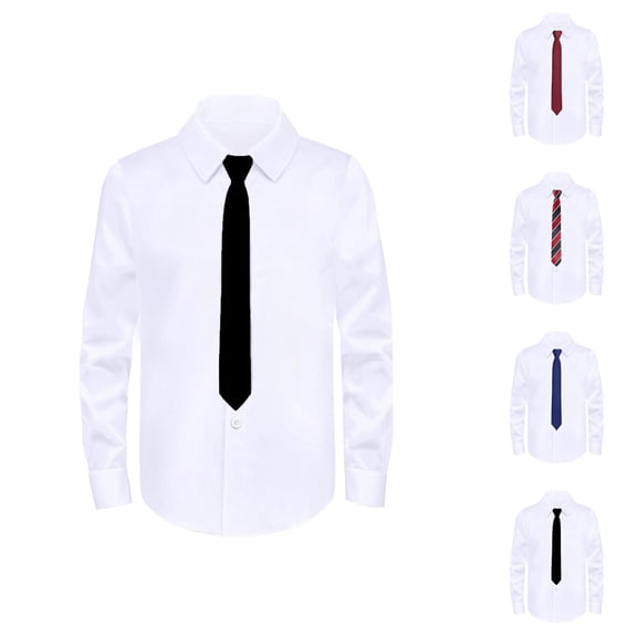 Boys Girls Dress Shirt with Tie Spring Fall Long Sleeve Button Down Lapel Collared Cotton Shirt