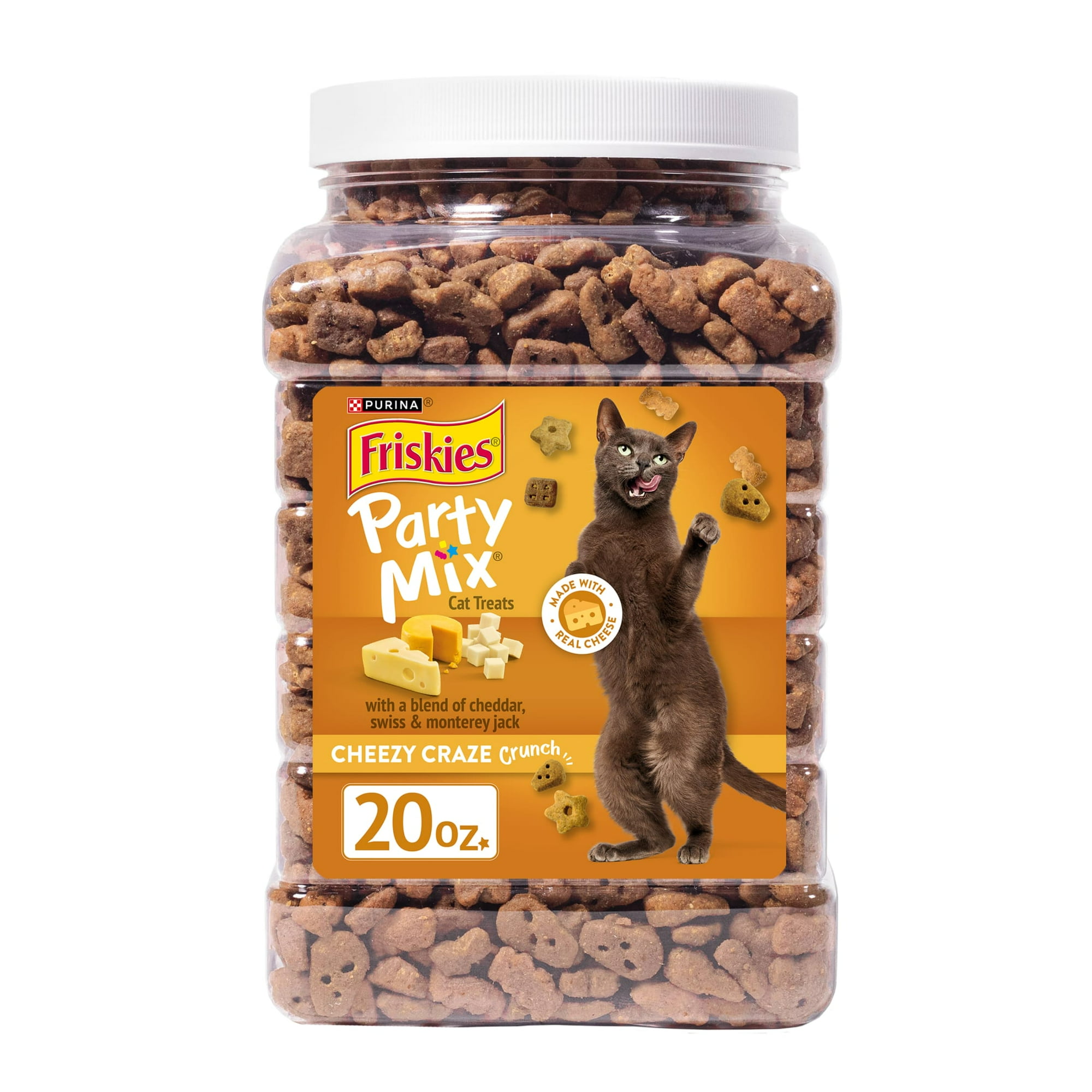 Purina Friskies Party Mix Cheezy Craze Crunch, Cat Treats, Cheddar, Swiss, Monterey Jack, 20 oz Canister, 3 Pack