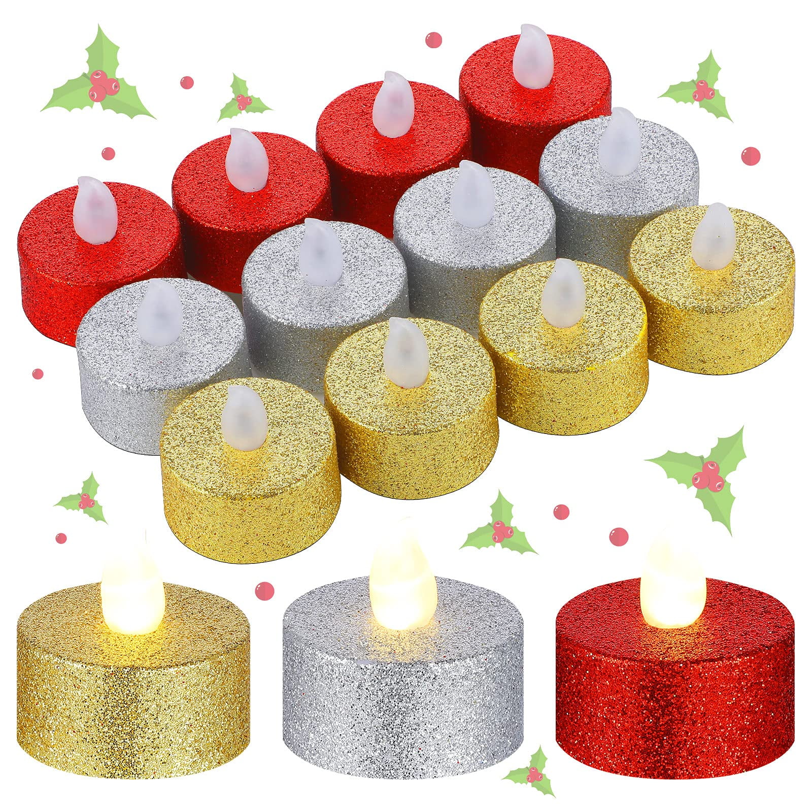 FOAUUH 12 Pieces Christmas Glitter Tea Lights Candles Battery Operated