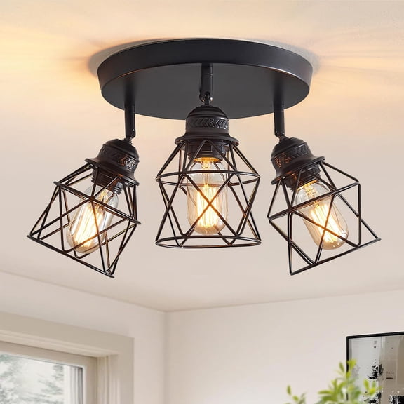 DONGPAI Semi Flush Mount Ceiling Light with E26 Base, Adjustable Multi-Directional Kitchen Ceiling Light Fixture, Farmhouse Black Metal Cage Ceiling Lamp for Dining Room Bedroom Hallway(No Bulbs)