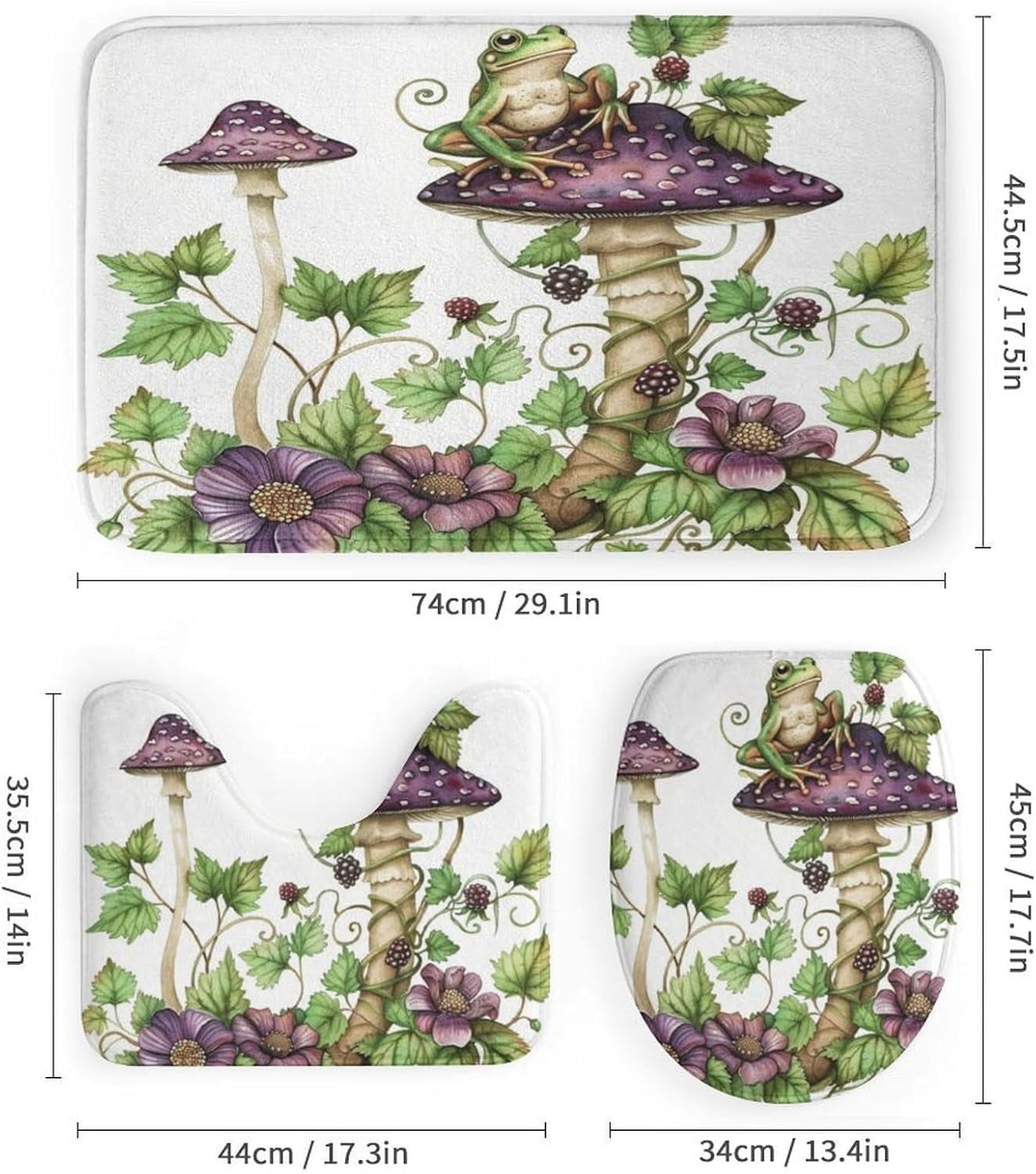 4Pcs Garden Mushroom Frog Shower Curtain Sets Bathroom Decor, Novelty Plant Floral Shower Curtain with Non Slip Rug, Toilet Lid Cover, Bath Mat and 12 Hooks 72W x 72L