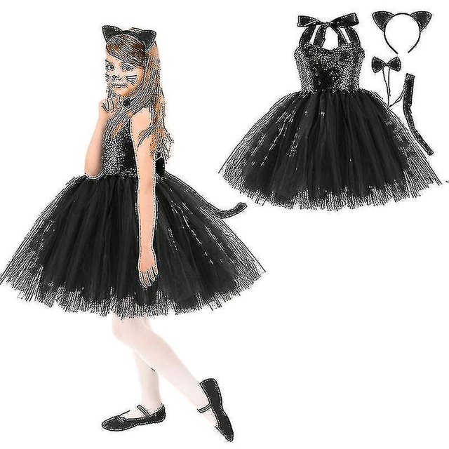 Vestido de gato negro para niña, disfraz de Carnaval para fiesta de Cosplay con accesorios para el cabello, cola