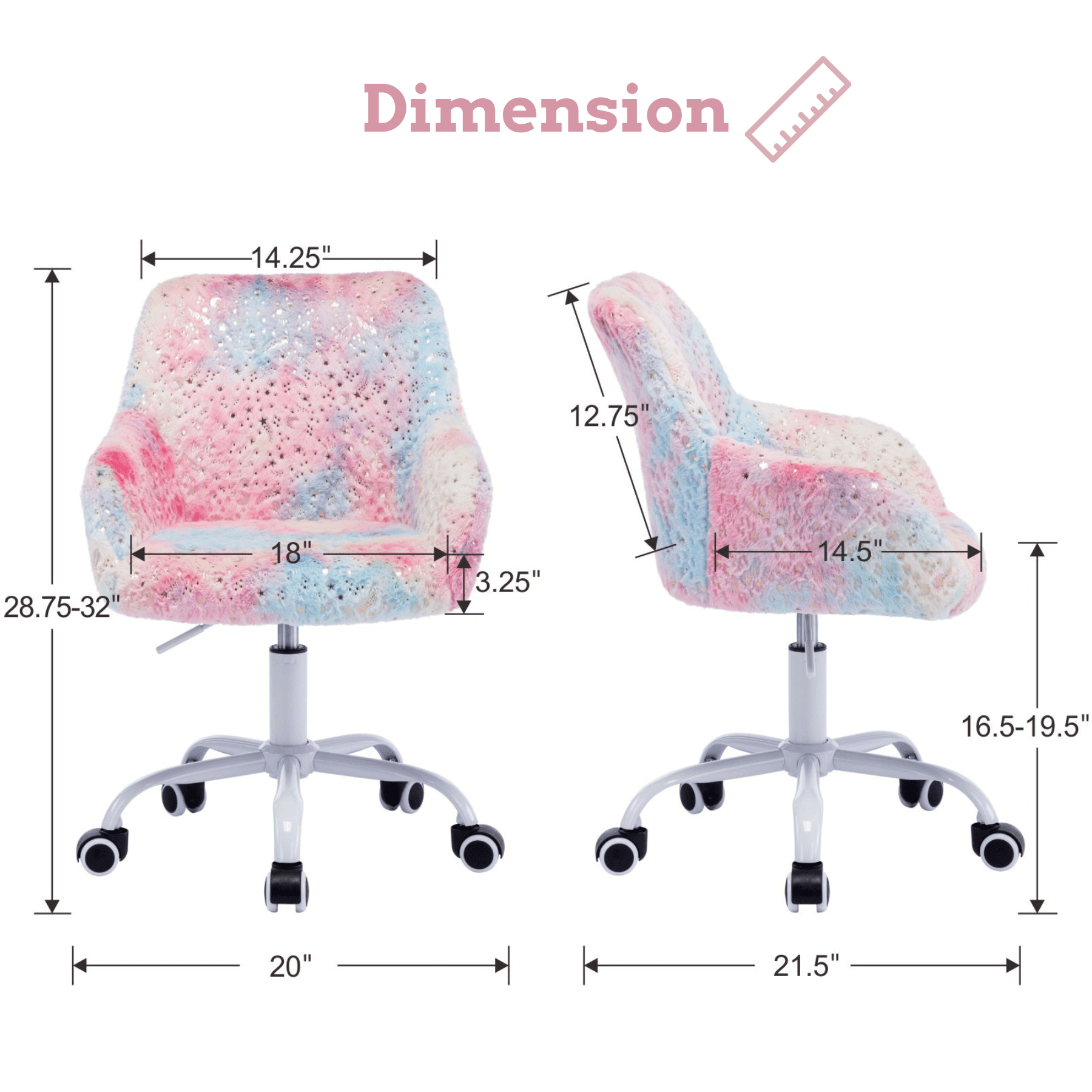 Dayalane Kids Desk Chair, Adjustable Swivel Faux Fur Study Chair with Armrests, Comfy Upholstered Computer Chair for Boys and Girls, Cute Computer Chair for Children,Star-Pink