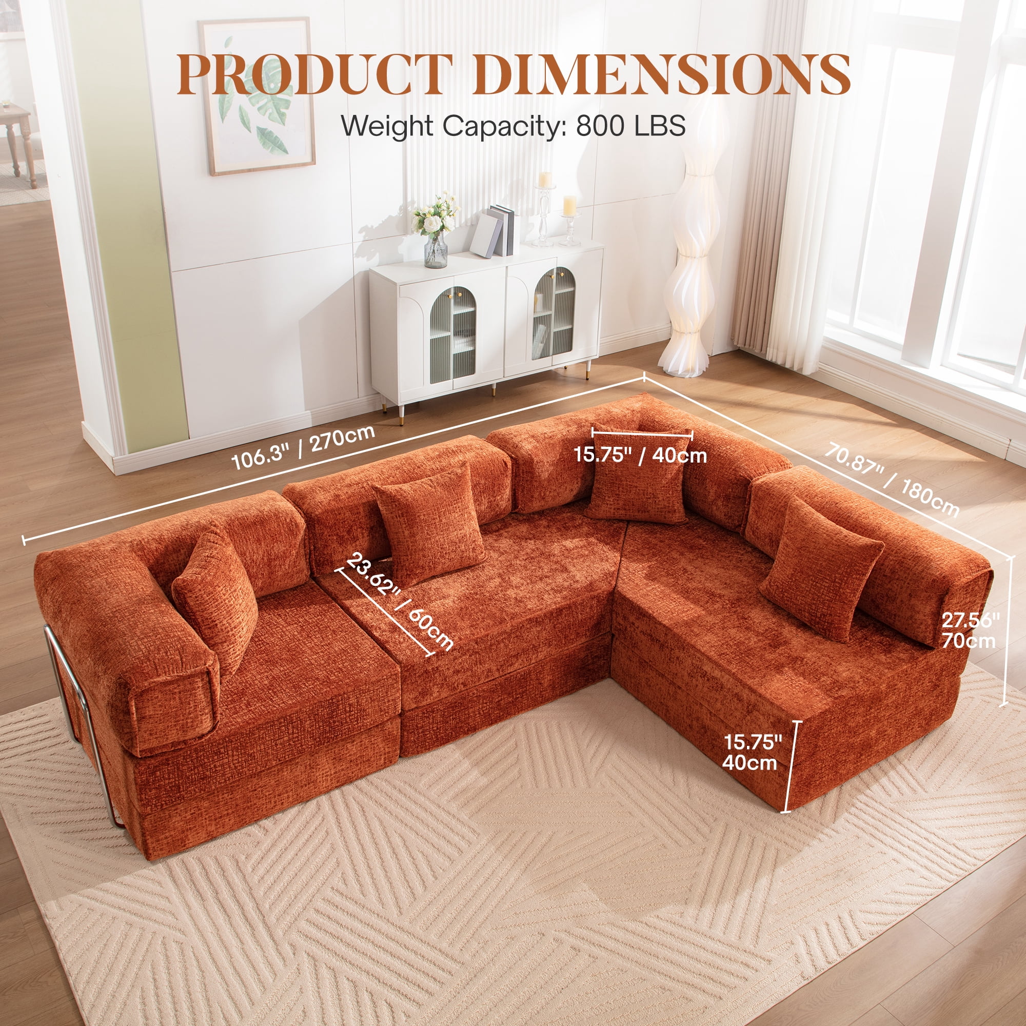 COOLHUT 106.3" W Combination Floor Sofa, High Density Sponge Sofa Couch, Modular Sectional Sofa L-Shape Cheillen Couch with Chaise, Big Comfy Sleeper Floor Sofa for Living Room, Reddish Brown