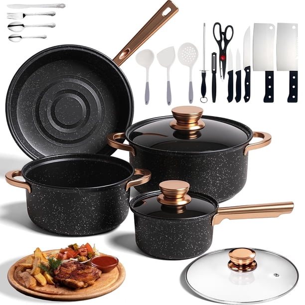 Juego de Bateria de Cocina Antiadherente Acero inoxidable de 44 PiezasOllas, Sartenes, Wok de Granito, Cazos, Cubiertos y Cuchillos,Juego de Utensilios de Cocina de Inducción de granito(Negro)