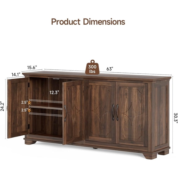 63 Inch Buffet Cabinet with Storage, Large Sideboard Cabinet with 4 Carved Doors, Modern Credenza Storage Cabinets w/Adjustable Shelves for Kitchen, Living Room, Brown