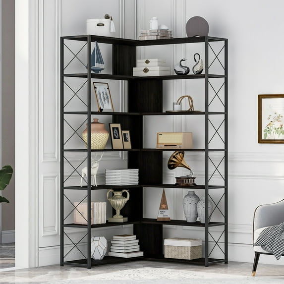 7-Tier Corner Bookshelf, Modern Industrial L-Shaped Bookcase with Metal Frame, Large Storage Book Shelf for Living Room Bedroom Office (Black)