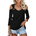 thumbnail image 2 of Annhoo Off the Shoulder Tops for Women Casual 3/4 Sleeve V Neck Blouses Ladies Basic Solid Color T-Shirts, 2 of 6