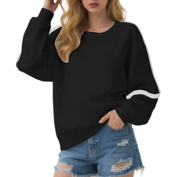 Tiweut Womens Sweatshirts Heavyweight Solid Color Crewneck Long Sleeve Side Line Fall Fashion Casual Streetwear Loose Pullover Top,Black,L