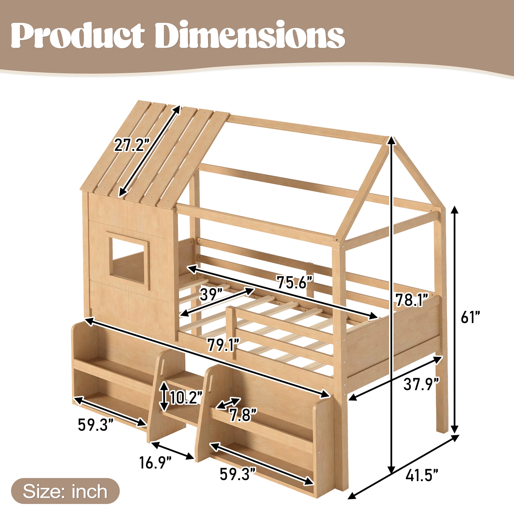 Leumius Twin Size Loft Bed with Storage Shelves and Stairs, House Loft Bed with Playhouse Shape Roof and Window, Childlike and No Box Spring Needed Design, Natural