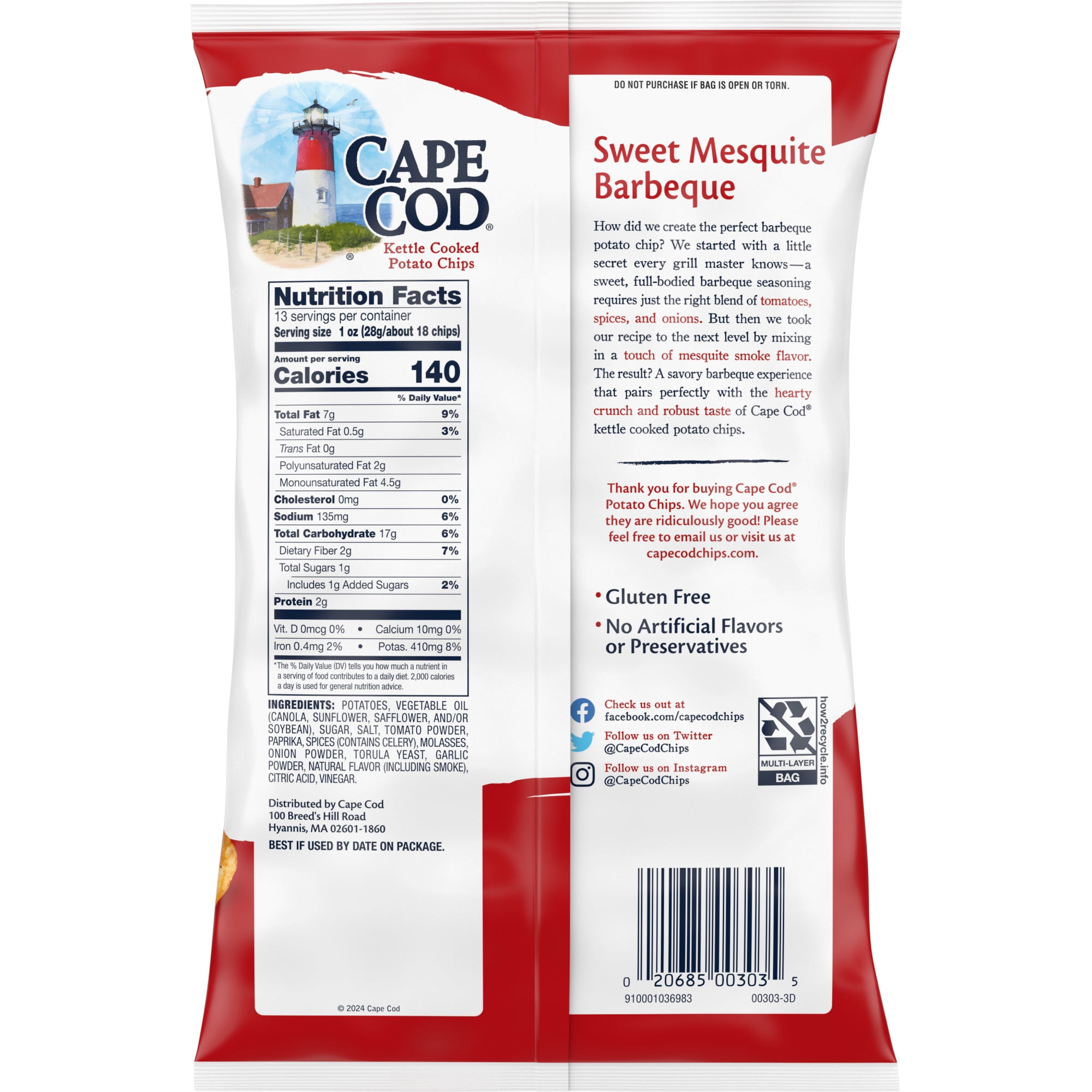 Cape Cod Potato Chips, Sweet Mesquite Barbeque Kettle Chips,