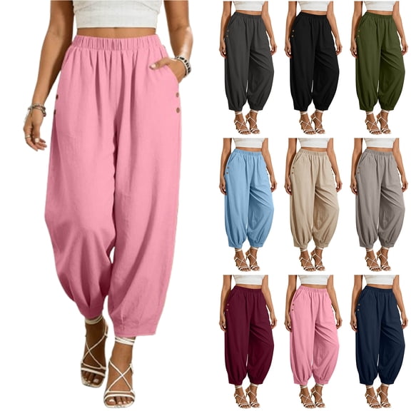 Bloomae Women's High Waist Linen Loose Pants Trendy Oversized Baggy Lounge Capri Pants Lightweight Casual Solid Color Button Decor Wide Leg Ankle Cropped Pants with Pockets Navy M