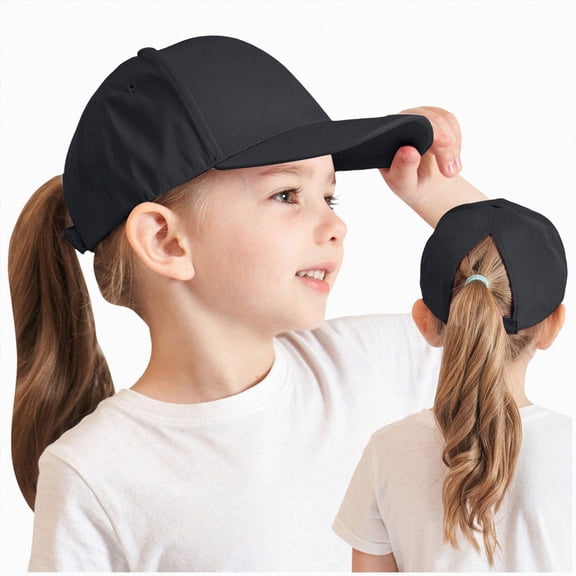 KPOPLK Kids Baseball Hat With Visor and Ponytail Hole - Sun Protection Cotton Beach Hat for Little Girls and Children(2-8 Years,Black)
