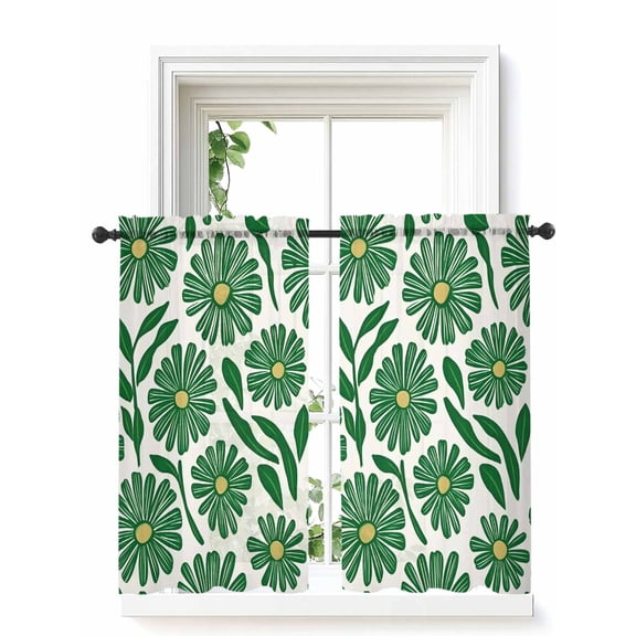 Green Spring Floral Tier Curtains 45 Inch Length, Sheer Curtains for Bedroom Living Room Window, Summer Flower Pastoral Rod Pocket Voile Drapes Kitchen Curtains Small Half Window 27.5"x45" 2 Panels