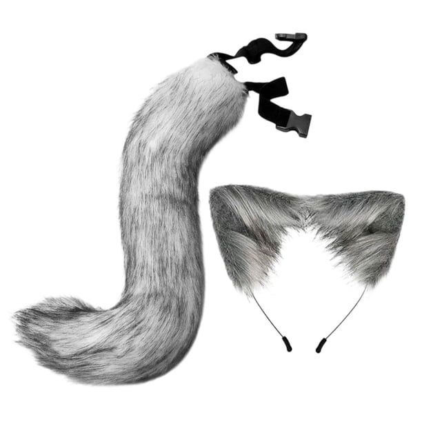 Conjunto de orejas y cola de gato y zorro, diadema para carnaval, mascarada, disfraz y cumpleaños. Gris
