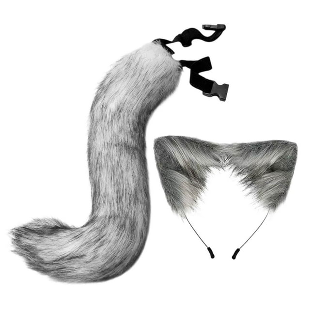 Conjunto de orejas y cola de gato y zorro, accesorios de disfraz para espectáculo de Halloween, juego de rol Gris