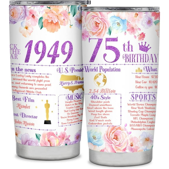 75th Birthday Gifts for Women 75th Birthday Tumbler Gift Ideas Happy 75 Year Old Birthday Gift for Mom Grandma 75th Birthday Decorations Back in 1949 Travel Tumbler 20OZ
